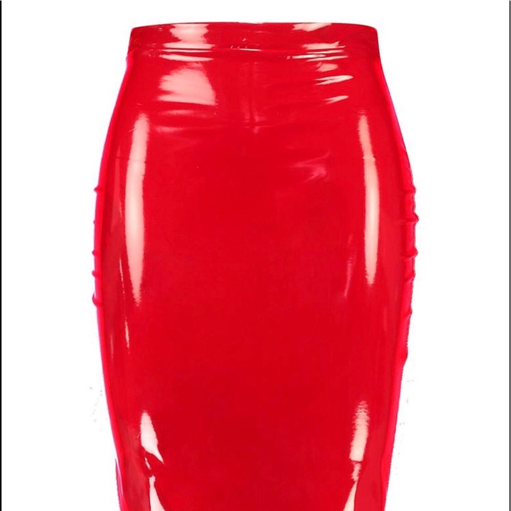 Boohoo red latex skirt